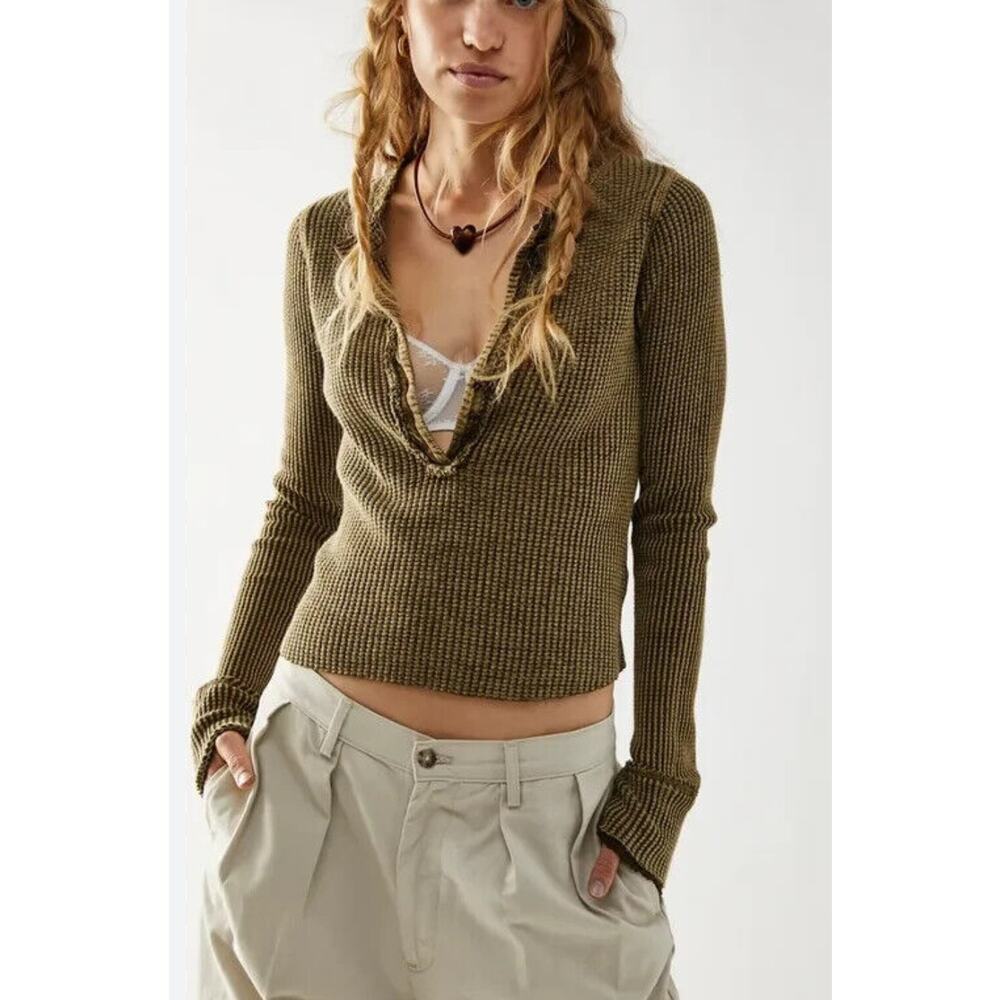 Free People Olive Waffle Knit Top